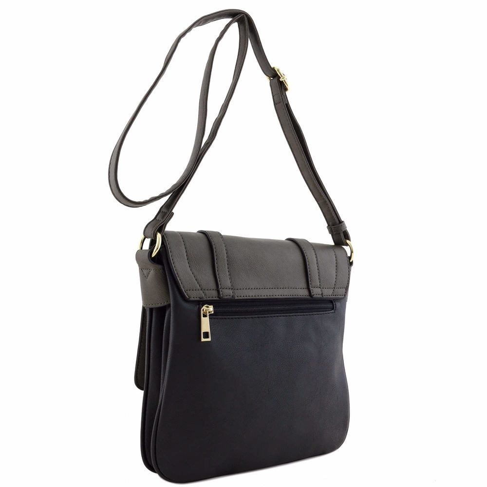 Double Compartment Large Two-Tone Colorblock Flapover Crossbody Bag Charcoal O_ - Picture 3 of 6